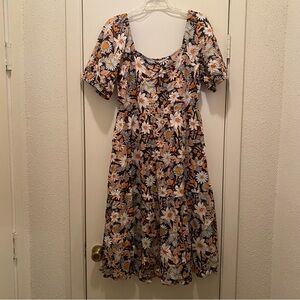 ana Short Sleeve Striped Midi ALine Dress, floral print, NWT, Large